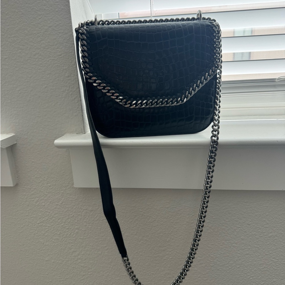 Stella McCartney Falabella Black Croc-Embossed Shoulder Bag with Silver Chain